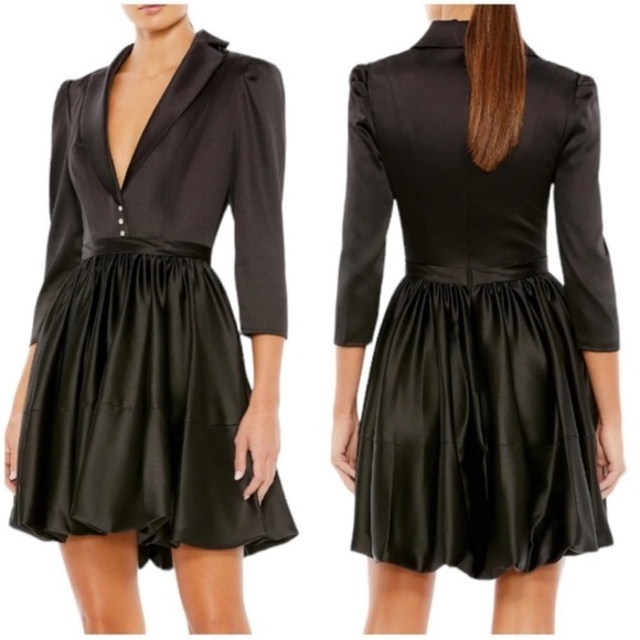 NWOT MAC DUGGAL 26913 BLACK SATIN A-LINE COLLAR BLAZER BELTED MINI DRESS 6 - Picture 2 of 5